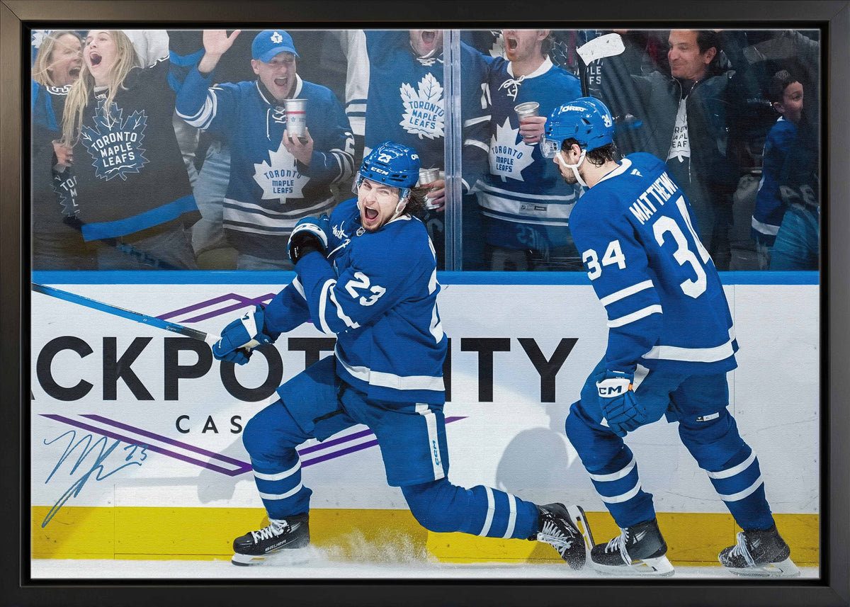 Matthew Knies Signed 20x29 Canvas Framed Toronto Maple Leafs Celebration with Matthews-H