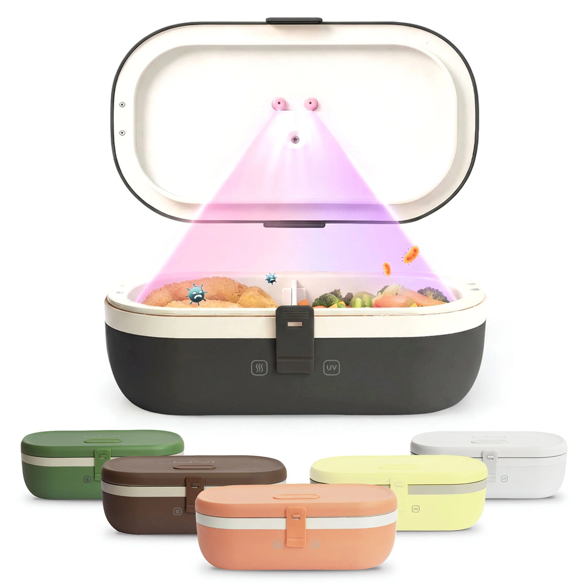 Self-Heating Lunch Box With USB-C Cord and UV LIGHT SANITIZER-Charcoal
