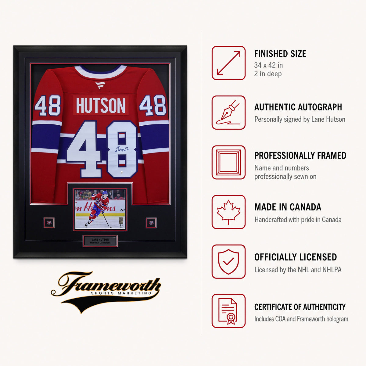 Lane Hutson Signed Framed 34x42 Montreal Canadiens Red Fanatics Premium  Jersey