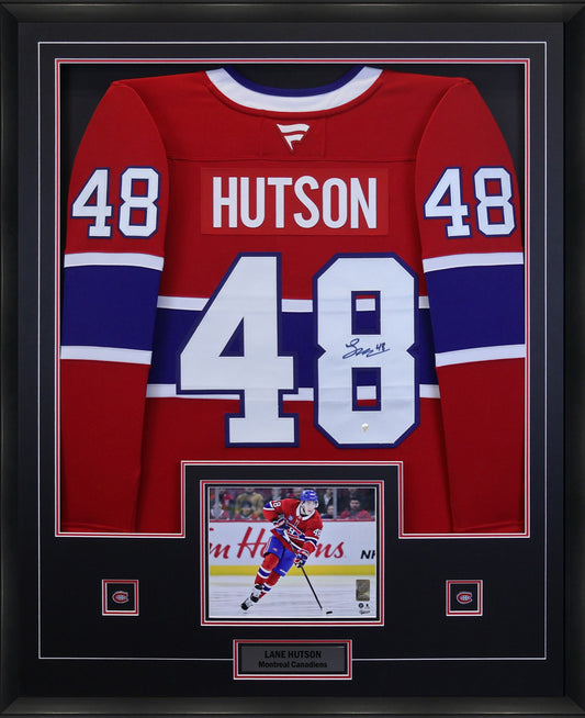 Lane Hutson Signed Framed 34x42 Montreal Canadiens Red Fanatics Premium  Jersey
