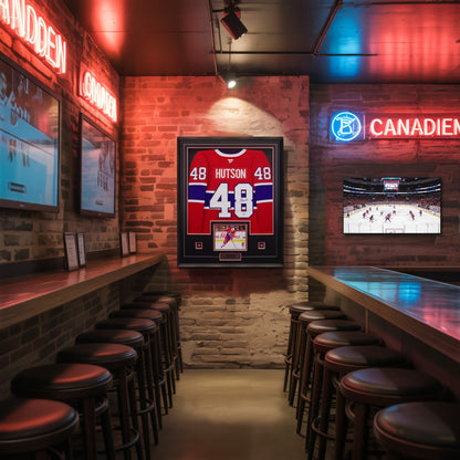 Lane Hutson Signed Framed 34x42 Montreal Canadiens Red Fanatics Premium  Jersey