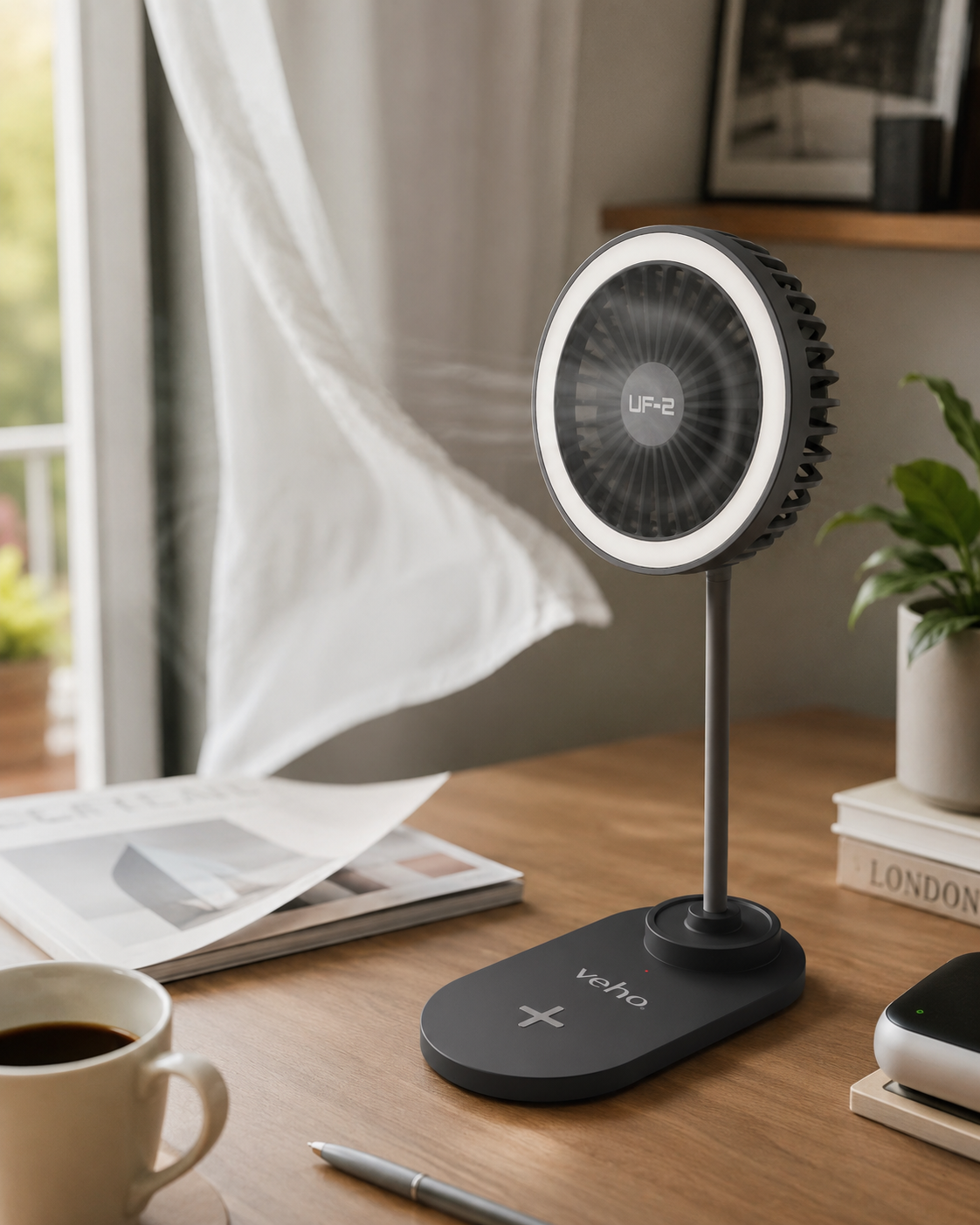 Veho Uf-2 3-in-1 Desktop Station - Usb Fan/Qi Wireless Desktop Charger/Led Lamp