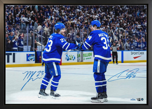 Auston Matthews and Matthew Knies Dual-Signed 20x29 Framed Canvas Maple Leafs Fist Pump Celebration-H (Limited Edition of 34)