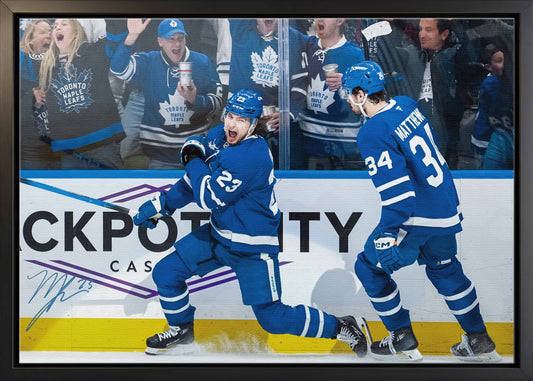 Matthew Knies Signed 20x29 Canvas Framed Toronto Maple Leafs Celebration with Matthews-H