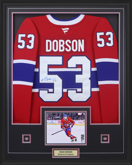 Noah Dobson Signed Framed Montreal Canadiens Fanatics Premium Jersey