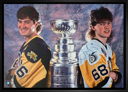 Jaromir Jagr Signed Framed 20x29 Pittsburgh Penguins Cup Pose with Mario Lemieux Canvas