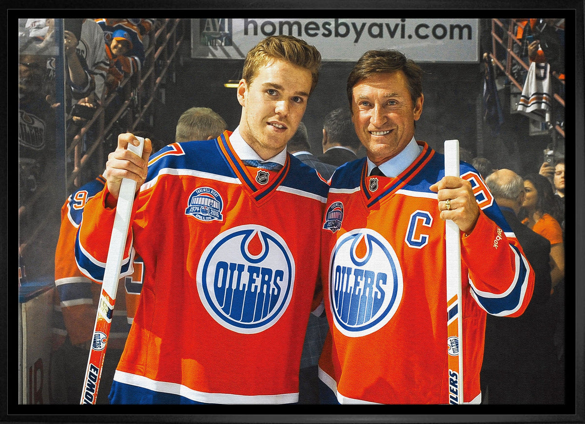 Connor McDavid and Wayne Gretzky 20x29 Framed Canvas Oilers Posed-H