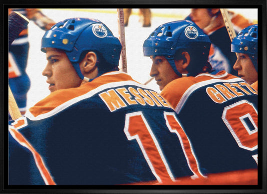 Wayne Gretzky and Mark Messier 20x29 Framed Canvas Oilers Bench-H