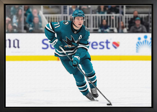 Macklin Celebrini 20x29 Canvas Framed San Jose Sharks Action
