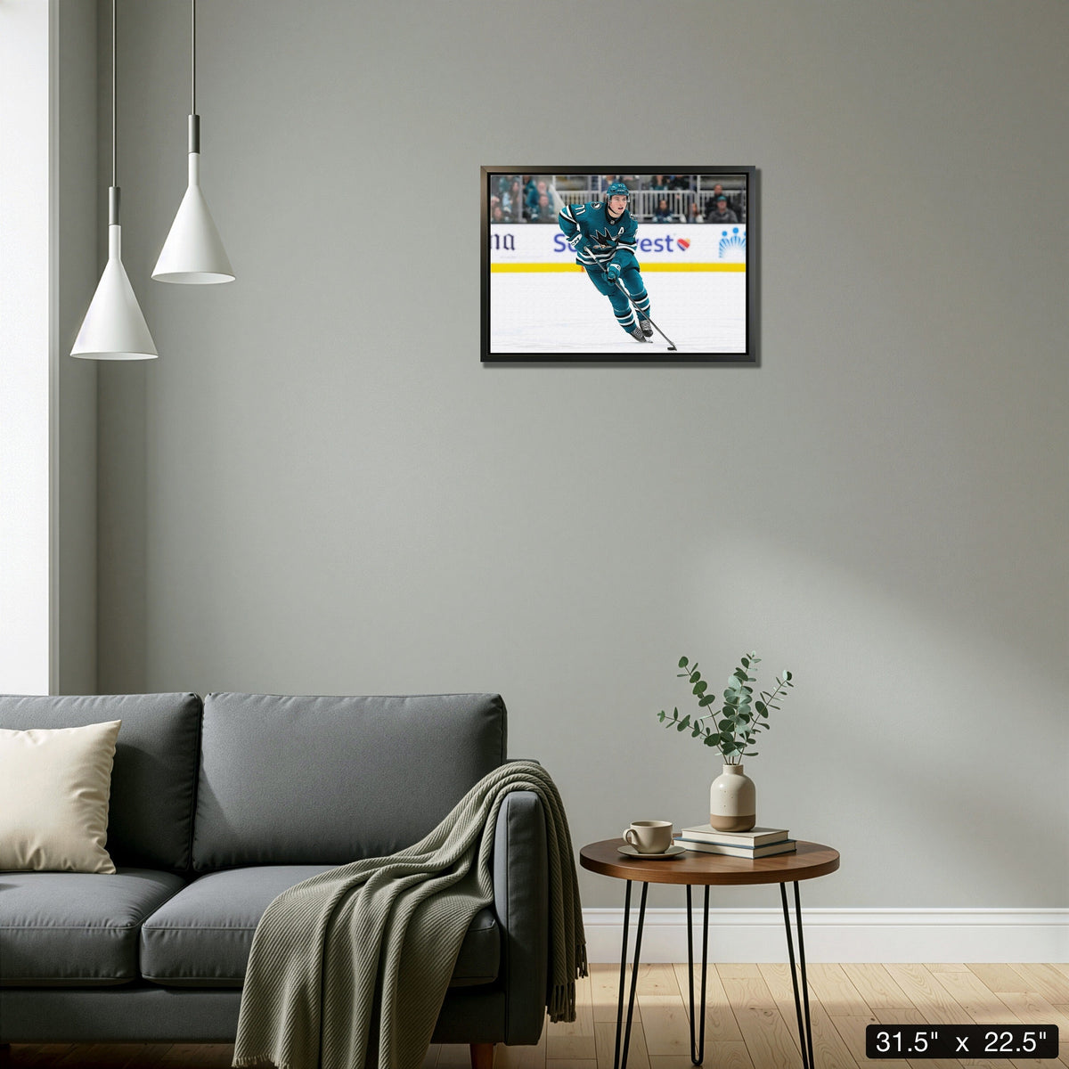 Macklin Celebrini 20x29 Canvas Framed San Jose Sharks Action