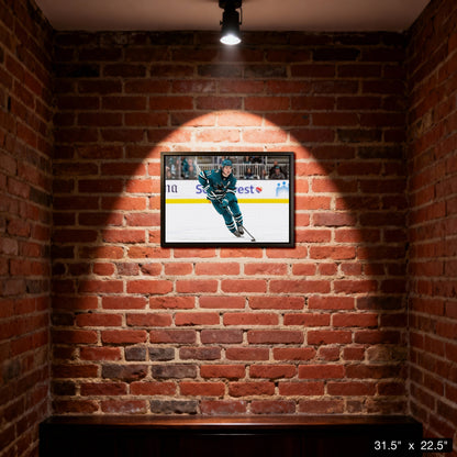 Macklin Celebrini 20x29 Canvas Framed San Jose Sharks Action