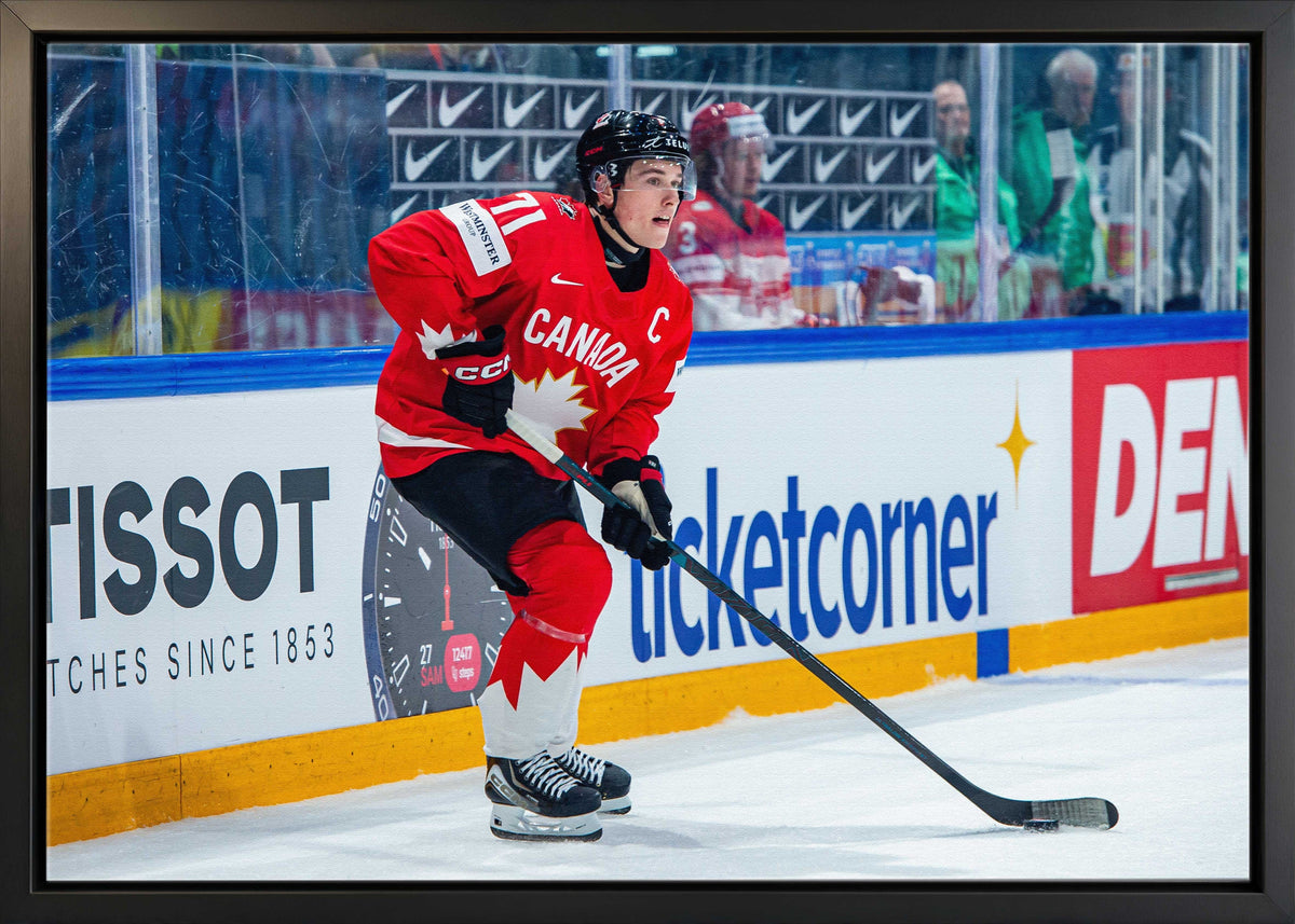 Macklin Celebrini 20x29 Framed Canvas 2026 IIHF World Championship Puck Control