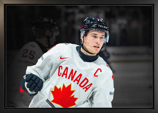 Macklin Celebrini 20x29 Framed Canvas 2026 IIHF World Championship Spotlight