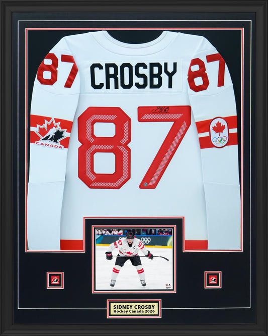 Sidney Crosby Signed Framed 34x42 Hockey Canada 2026 White Bauer Replica Jersey