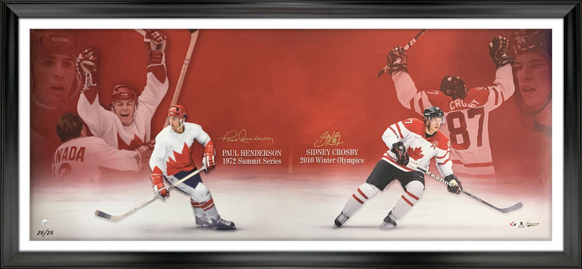 Sidney Crosby and Paul Henderson Dual Signed 18x44 Framed Team Canada Collage (Limited Edition of 25)